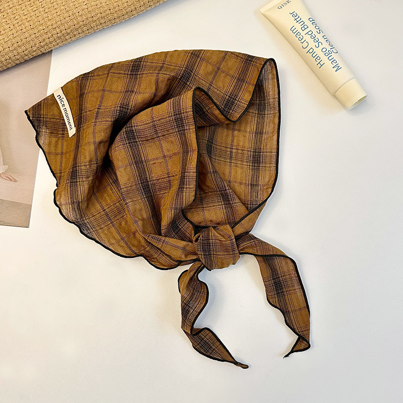Bufanda triangular para mujer, estilo fino de primavera y verano, bufanda de seda literaria retro, bufanda para el cuello, pañuelo japonés a cuadros de algodón y lino, cinturón para el cabello, cabello atado