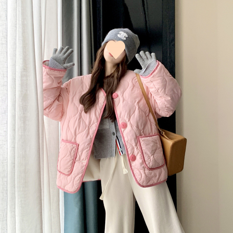 粉色菱格棉服冬季女2025新款溫柔風小個子減齡加厚短款加絨棉襖潮