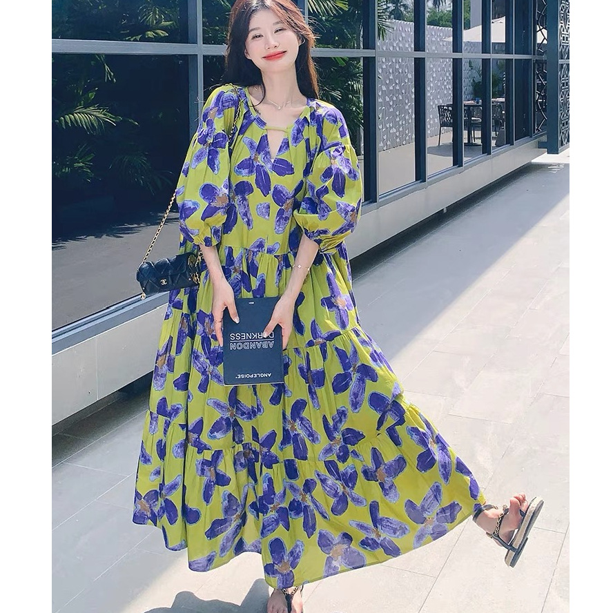 여성을위한 프랑스 복고풍 프린트 드레스 2025 여름 새로운 프랑스 복고풍 느슨한 대형 스커트 비치 롱 스커트