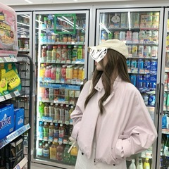 复古短款机车夹克外套女秋季韩系休闲粉色其他假二件套长袖翻领