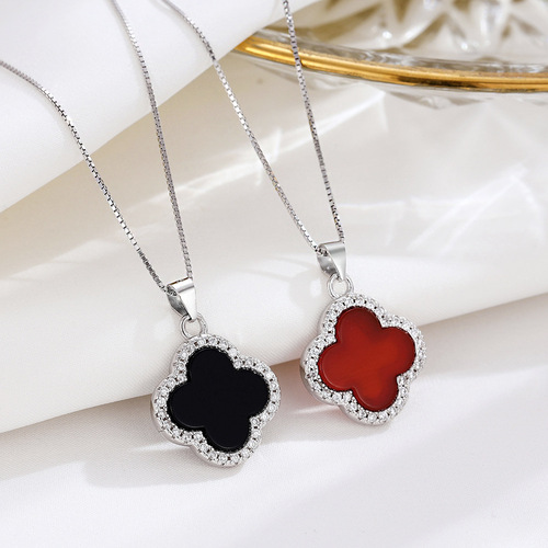s925 silver agate four-leaf clover pendant Korean chic women's temperament four-leaf clover necklace clavicle chain fashion jewelry