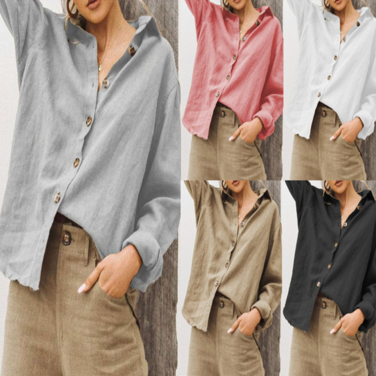 2025 autumn and winter cross-border for Amazon wish European and American fashion lapel long sleeve cotton linen loose women's shirt