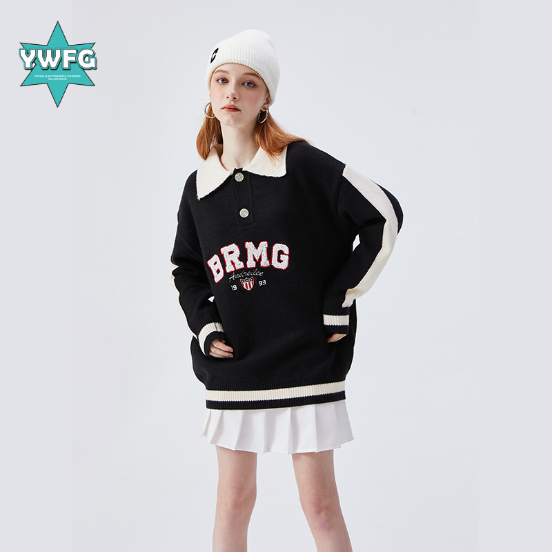 Suéter de punto POLO de estilo americano de la marca original YWFG, con diseño retro de letras jacquard, tendencia nacional para parejas en otoño e invierno.