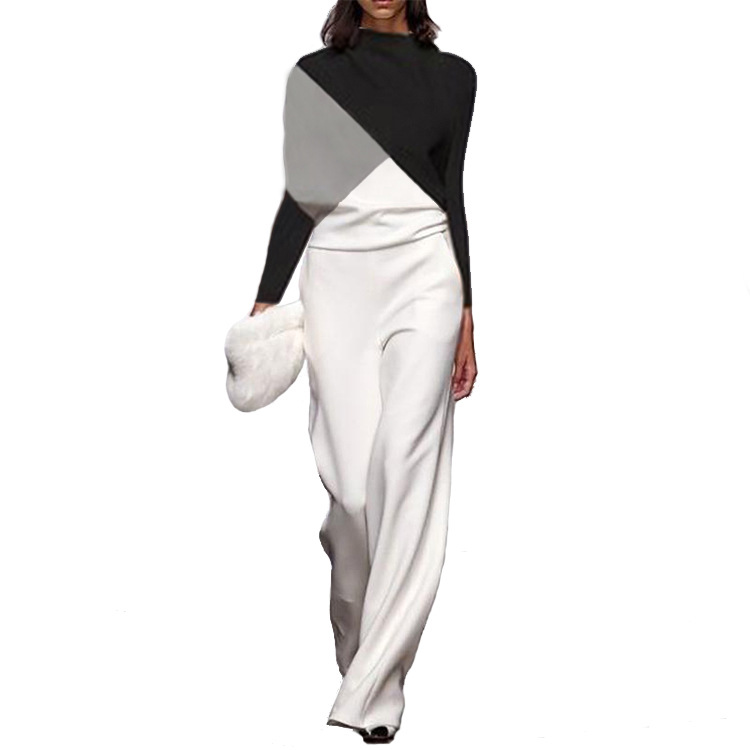 New Black White Color Matching Long Sleeve Creative Jumpsuit