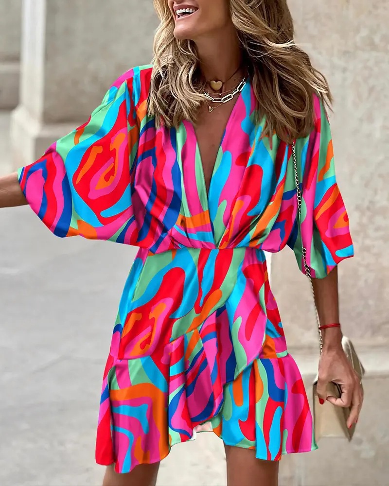 Batwing Sleeve Sleeve Type Polyester Fabric Type Wholesale Women'S Fashion Printing Pocket Printing Color Block Holiday Daily V Neck 3/4 Length Sleeve Pencil Skirt