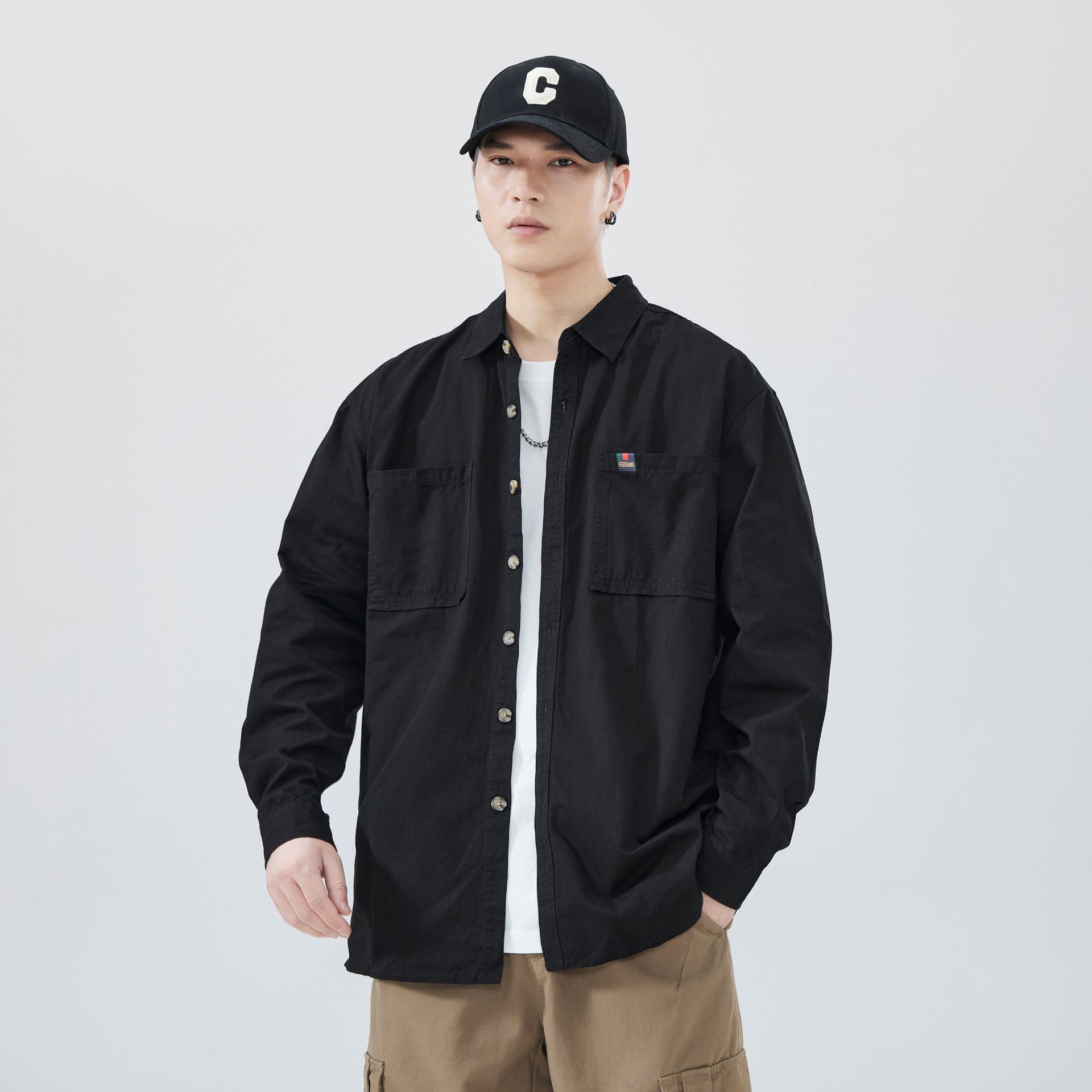 Camisas de fábrica personalizadas de primavera y verano de algodón, mangas largas, herramientas sueltas, bolsillo de doble cuello, estilo americano de alta calidad.