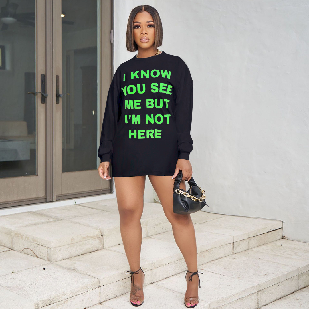 Women Clothing Goods Casual Double Sided Letter Graphic T shirt Dress