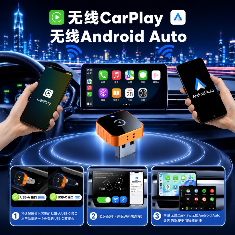 Cross-Border Popular Product: Wired-To-Wireless Carplay Box and Android Auto Box Two-In-One Car Connectivity Adapter
