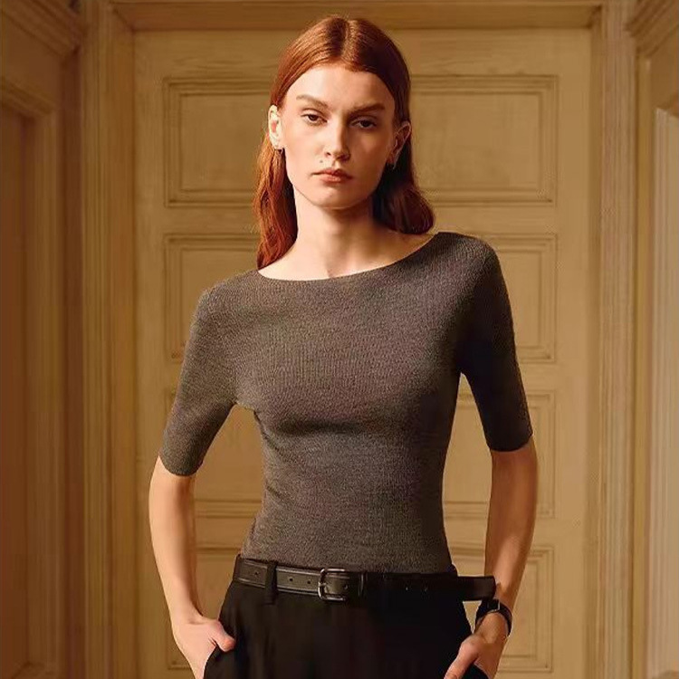 German Yangzi yarn 120S seamless one-piece/18-needle series mid-sleeve off-shoulder knit T-shirt/base layer for women