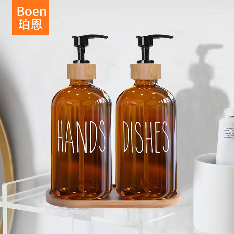 Dispensador de jabón de vidrio ámbar Boston 500 ml, botella con bomba a presión para baño y cocina, stock al por mayor
