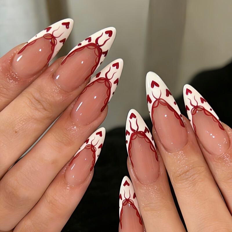 Valentine's Day Red Lace French-Style Heart-Shaped Wearable Nails with Handmade Rhinestones and Bowknot, Nude Almond-Shaped Fake Nails, 24 Pieces Valentine's Day Red Lace French-Style Heart-Shaped Wearable Nails with Handmade Rhinestones and Bowknot, Nude Almond-Shaped Fake Nails, 24 Pieces
