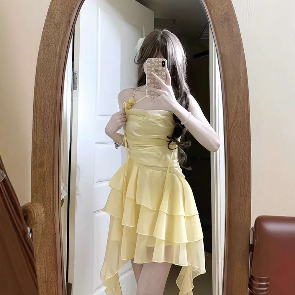 여름 신상 슈퍼 요정 달콤한 소녀 드레스 서스펜더 디자인 불규칙 캐주얼 슬리밍 스커트