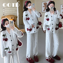 孕妇睡衣套装2025冬新款韩版时尚樱桃刺绣半边绒保暖居家服两件套