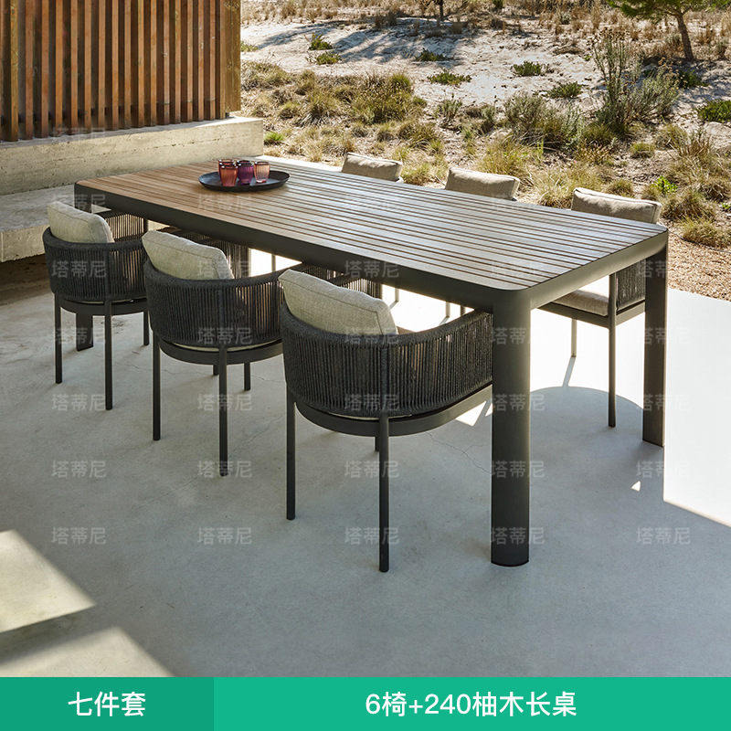 Mesas y sillas para exteriores, balcón con patio, protección solar y muebles de ratán impermeables para ocio, conjunto de mesa larga para terraza de jardín al aire libre image 15