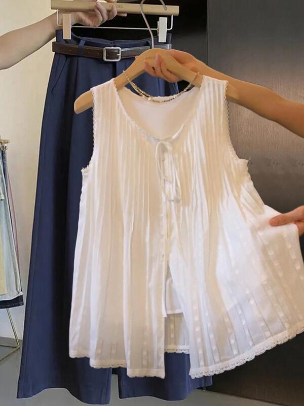 Korean-Style Elegant Heavy Lace Embroidery White Shirt for Women, Summer 2026 New Pleated High-End Sleeveless Top