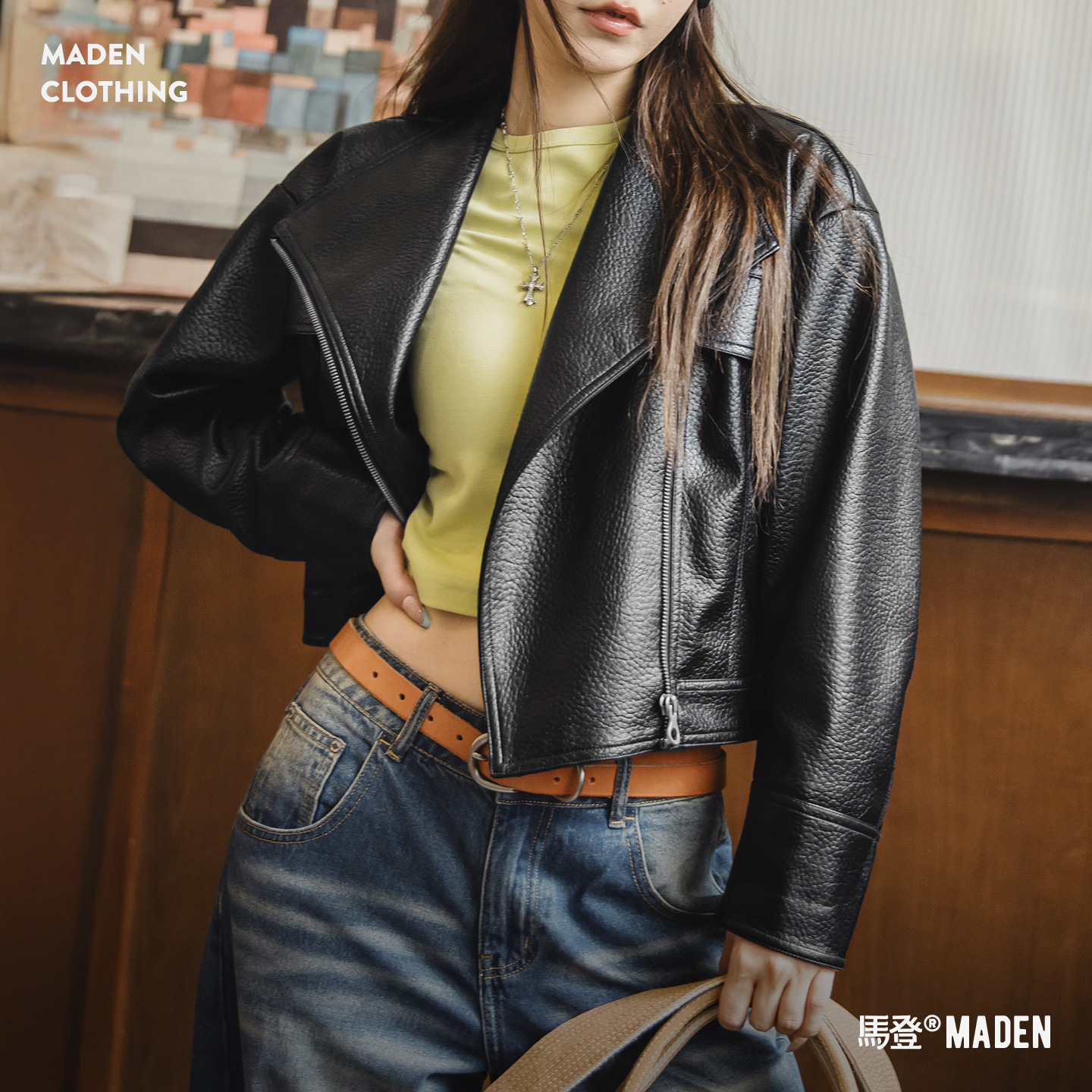 Maden American Style Black Short Moto Jacket with Pebbled Texture, Diagonal Zipper, Stand Collar, Pu Leather Jacket for Women, Autumn