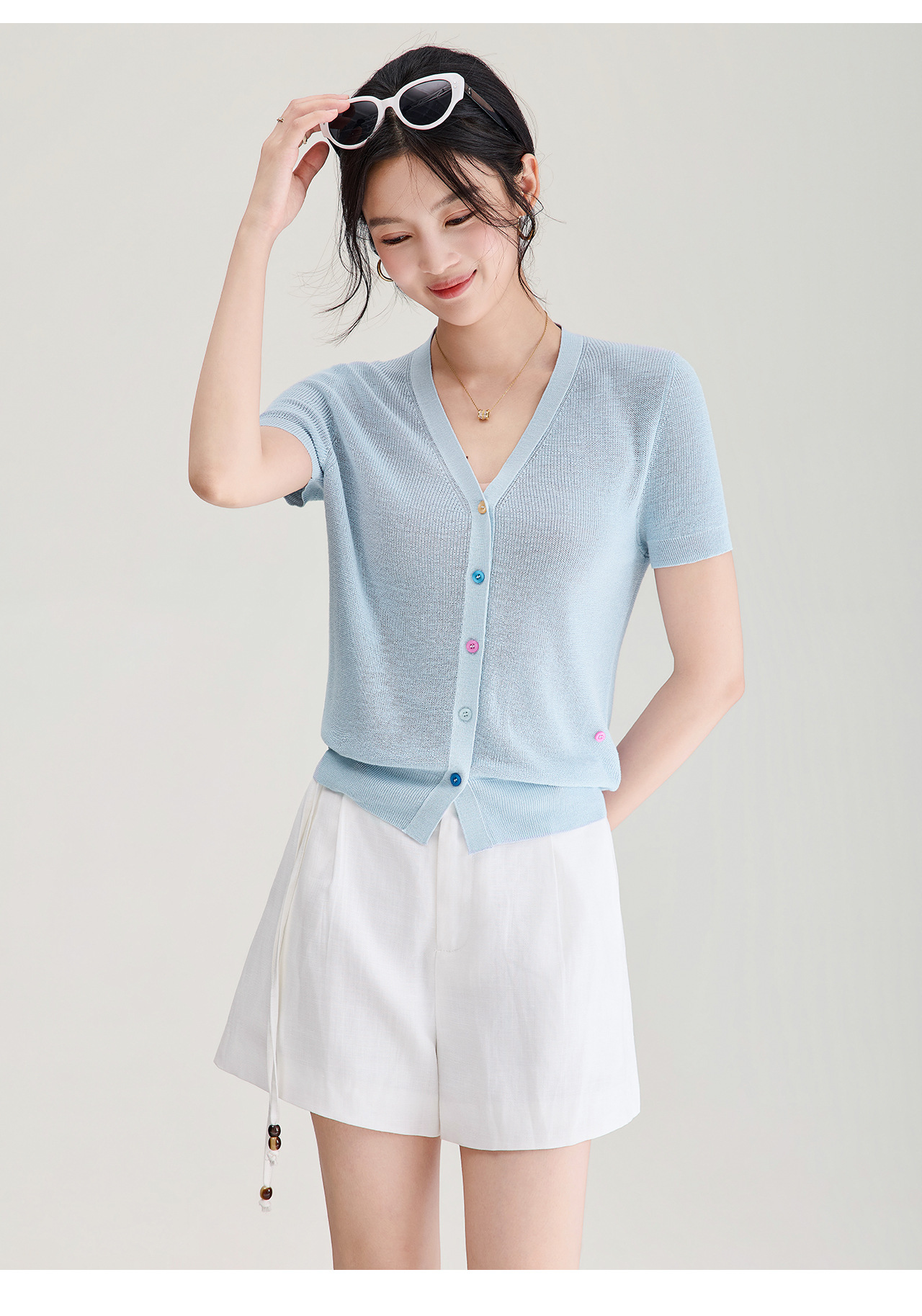 Áo cardigan nữ cổ V dệt kim sợi lanh siêu mịn, cúc màu, thoáng mát mùa hè — xanh lam chi tiết 14