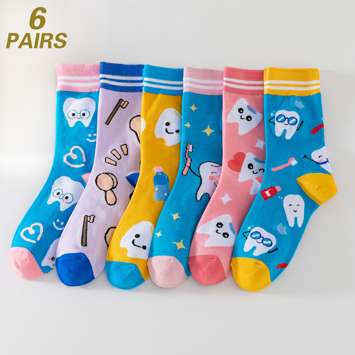 6 doble cartón de dibujos animados dientes de moda calcetines de algodón calcetines dientes femeninos calcetines de moda juveniles
