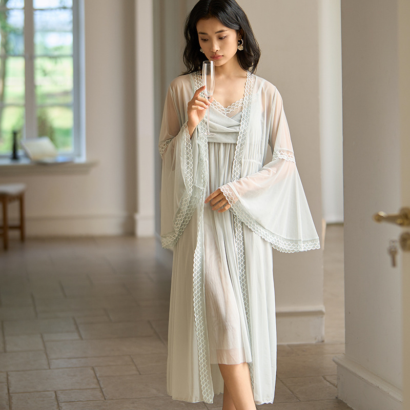 春秋纯欲网纱睡裙花边蕾丝长袖两件套熟女风宫廷可外穿时尚家居服
