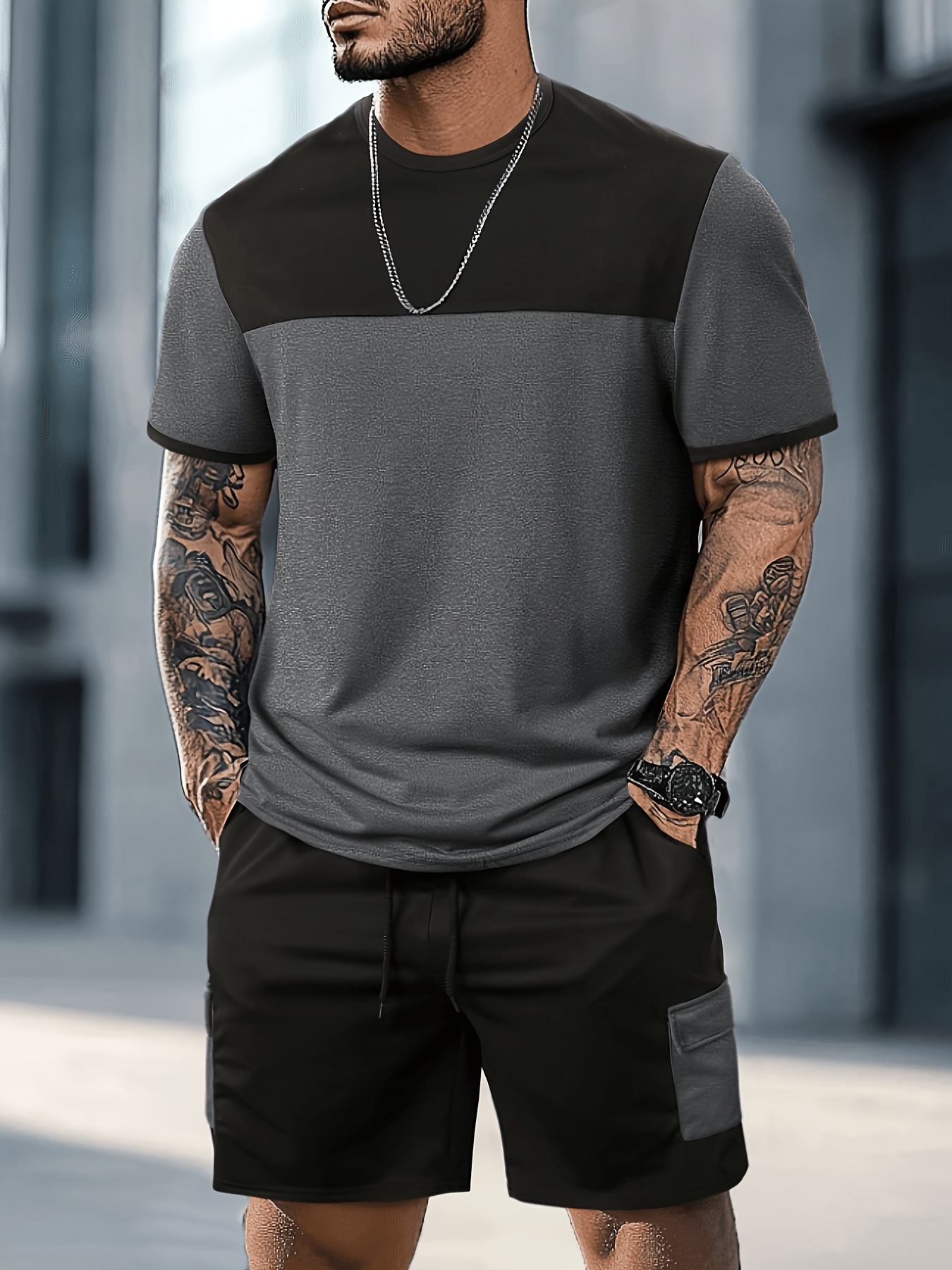 Men's Color Block Sports Suit American Style Casual Set Summer Short Sleeve Shorts For Men_viptrois.com