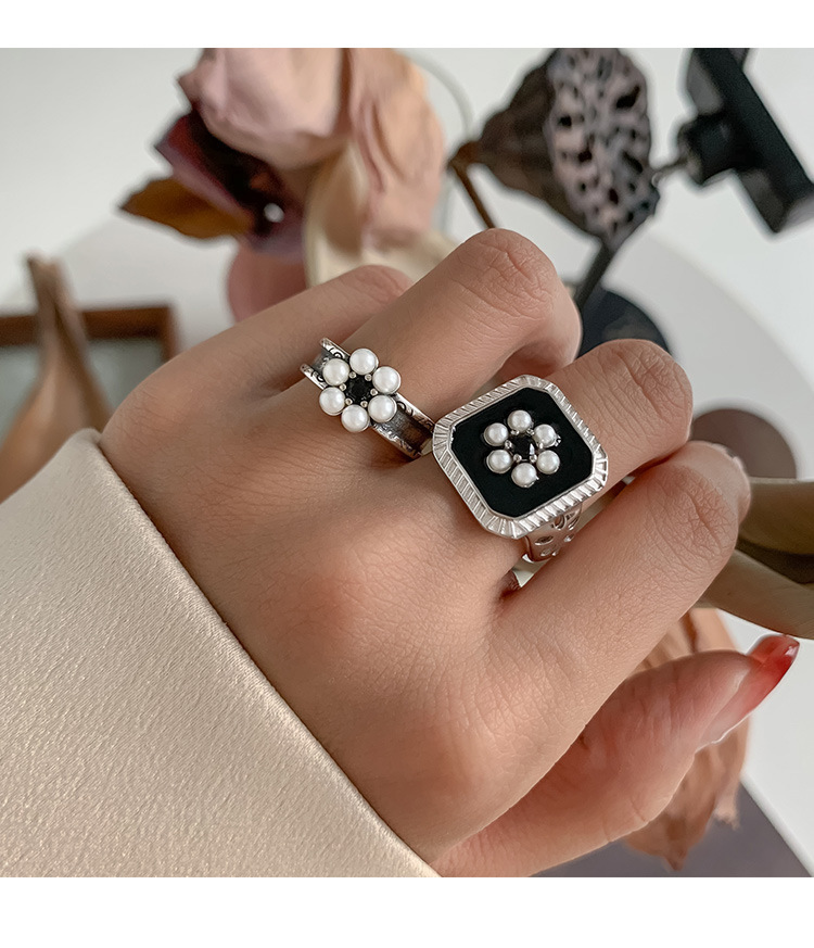 Hong Kong Stil Schwarz Emaille Blumen Silber Ring Retro Trend_voghion.com