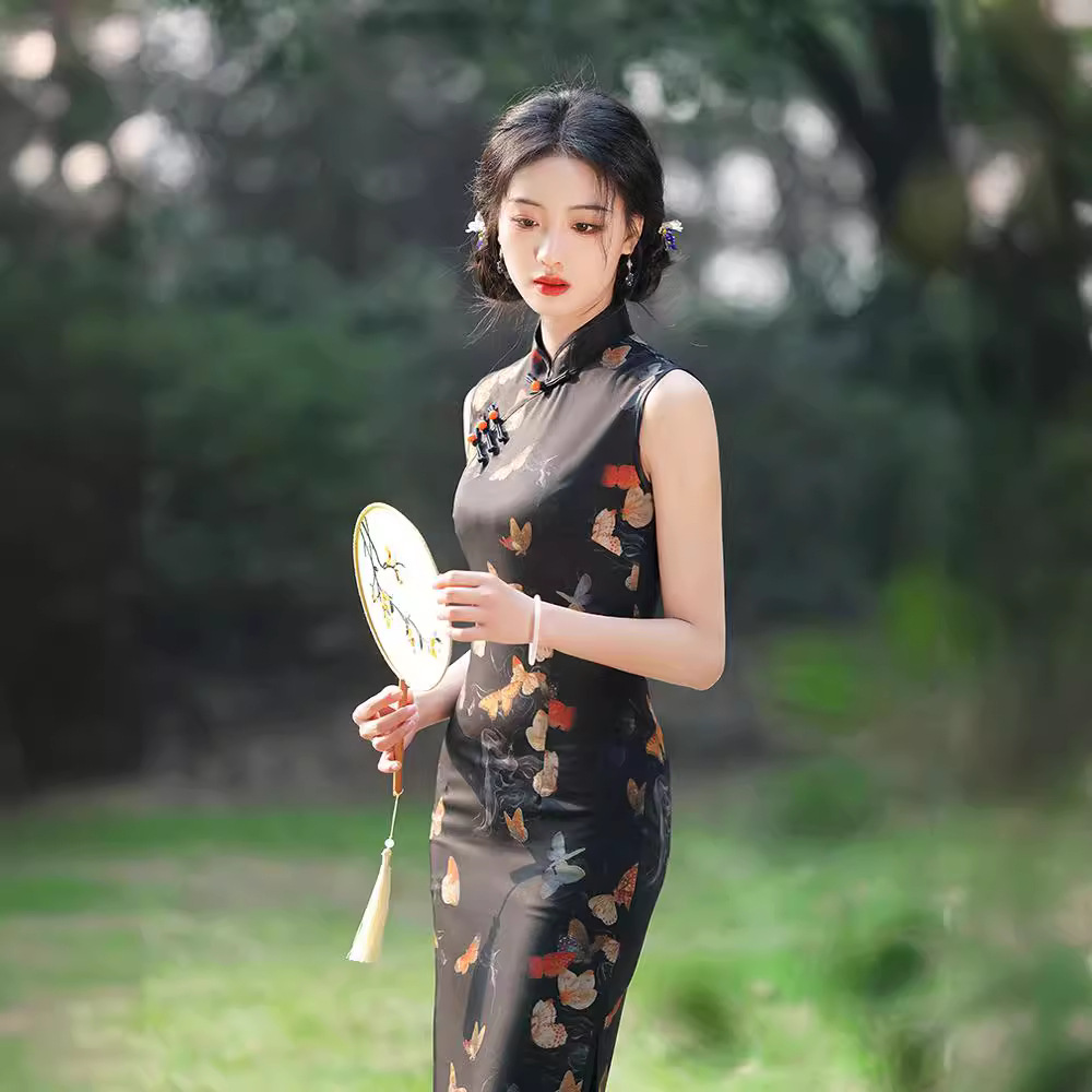 Summer retro elite elegant black cheongsam sleevless