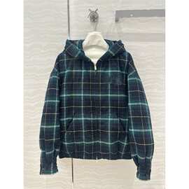 复古秋冬连帽格子拉链进口羊毛休闲宽松夹棉棉服保暖外套