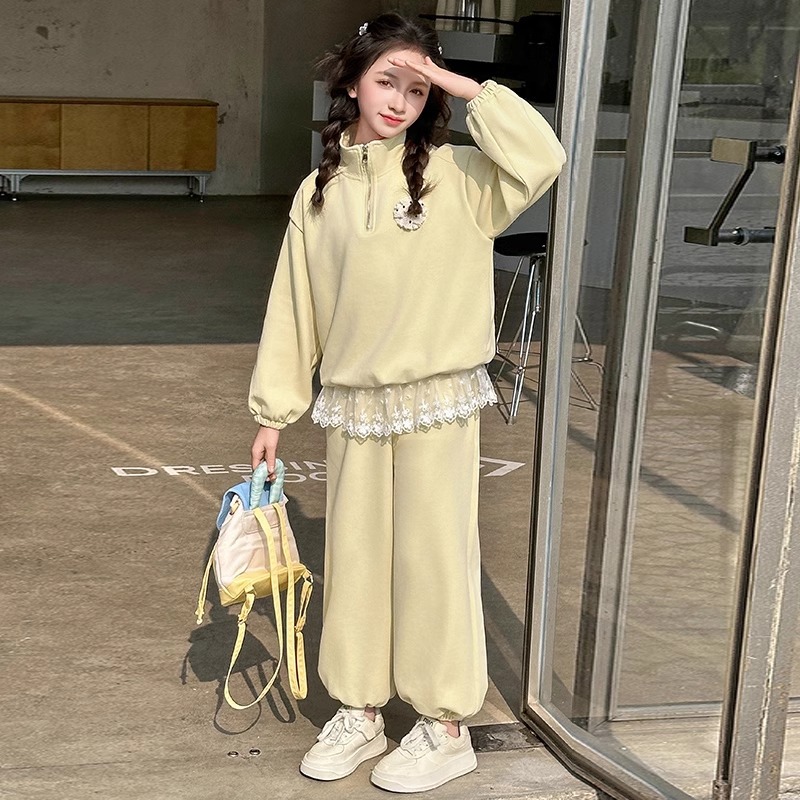 Girls' Spring Sweatshirt Set 2025 New Style Stylish Solid Color Casual Sportswear Children's Spring and Autumn Two-Piece Set