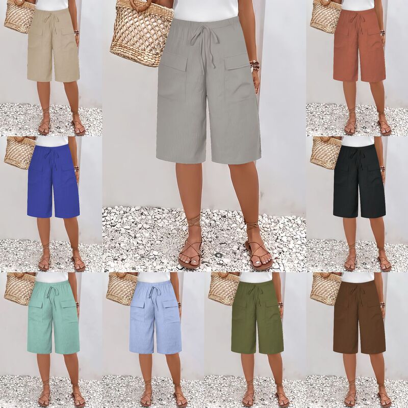 European and American Cross-Border 2025 New Amazon Temu Shein Foreign Trade Women's Clothing Pocket Casual Shorts Mid-Length Pants