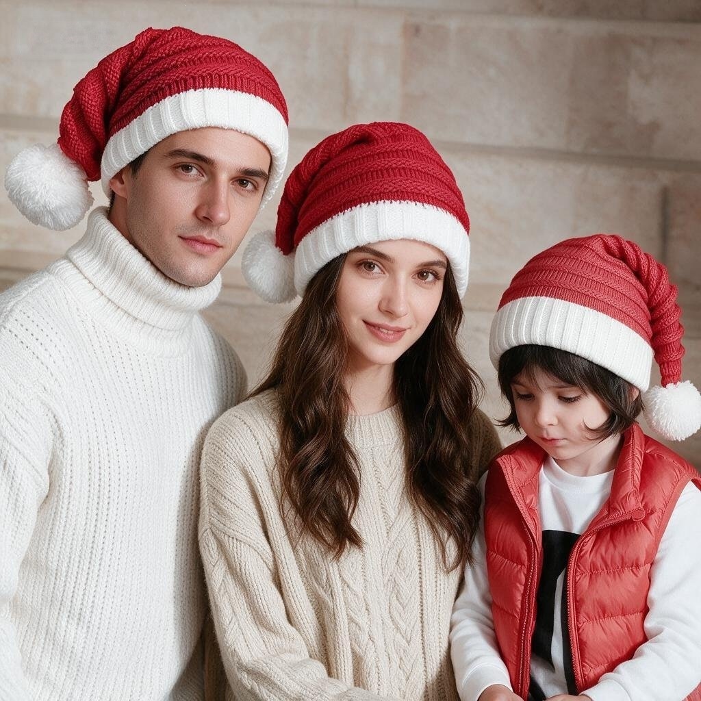 Cross-border knitted Christmas hats with red and white pom-poms, warm woolen hats for adults and children, perfect for festive occasions, performances, and as props for parent-child activities