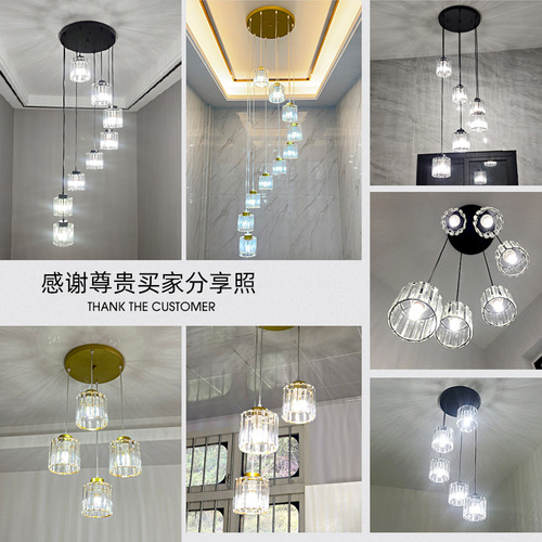 Creative double-story staircase villa living room luxury lighting modern minimalist elegant black crystal long pendant light