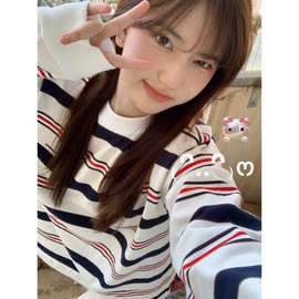 美式复古高街慵懒风条纹oversize卫衣女春秋2025新款长袖t恤上衣