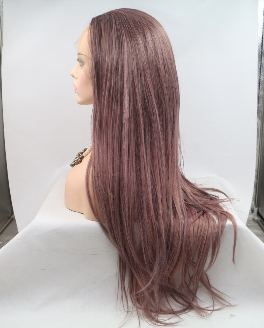 Europa y los Estados Unidos pelucas populares marrón medio largo cabello recto fibra química delantera encaje mitad gancho mano