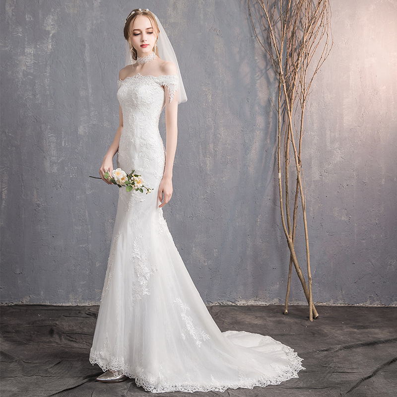 Vestido de Novia Estilo Sirena 2025, Nuevo Estilo, Ajustado, Sencillo, con Hombros Descubiertos, Cola Pequeña, Vestido de Novia de una Pieza, Venta al por Mayor