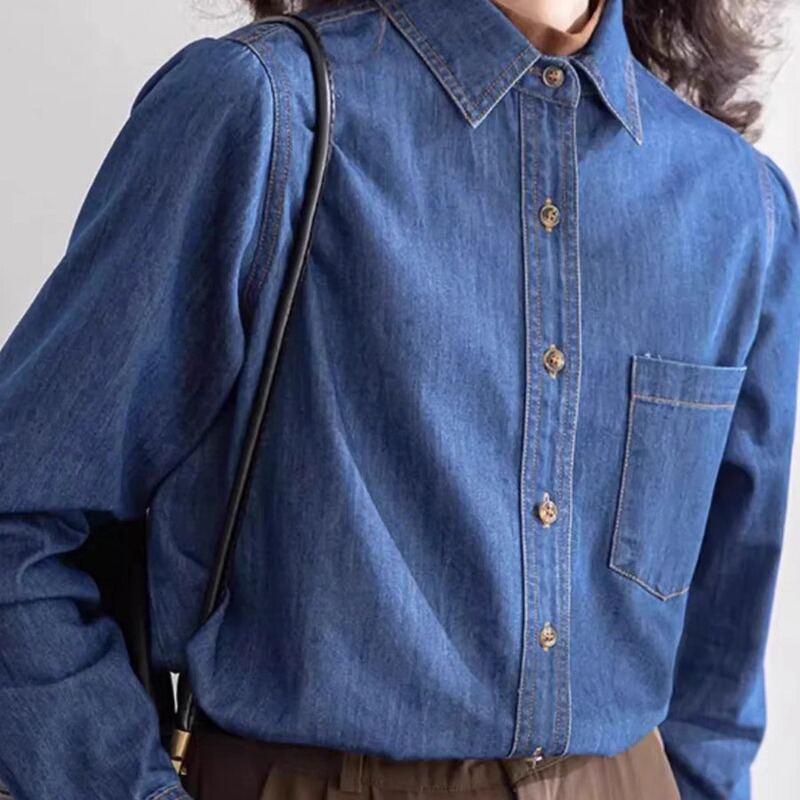 Dark Blue Vintage Straight Shoulder Denim Shirt for Women, Layering Style, 2024 New Autumn and Winter Petite Soft Top Wholesale