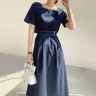 韩国chic夏新款复古小众方领明线设计露背后排扣短袖连衣裙长裙女