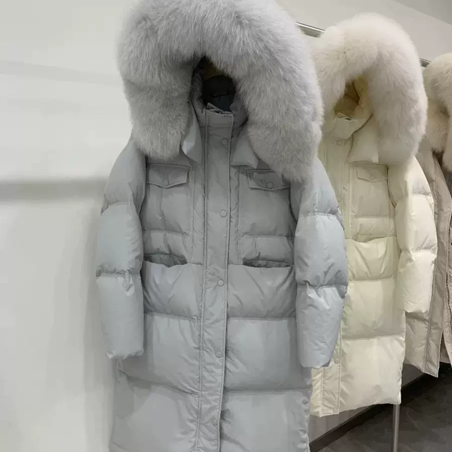 长款大毛领羽绒服女韩版宽松加厚气质连帽狐狸毛过膝90白鸭绒外套