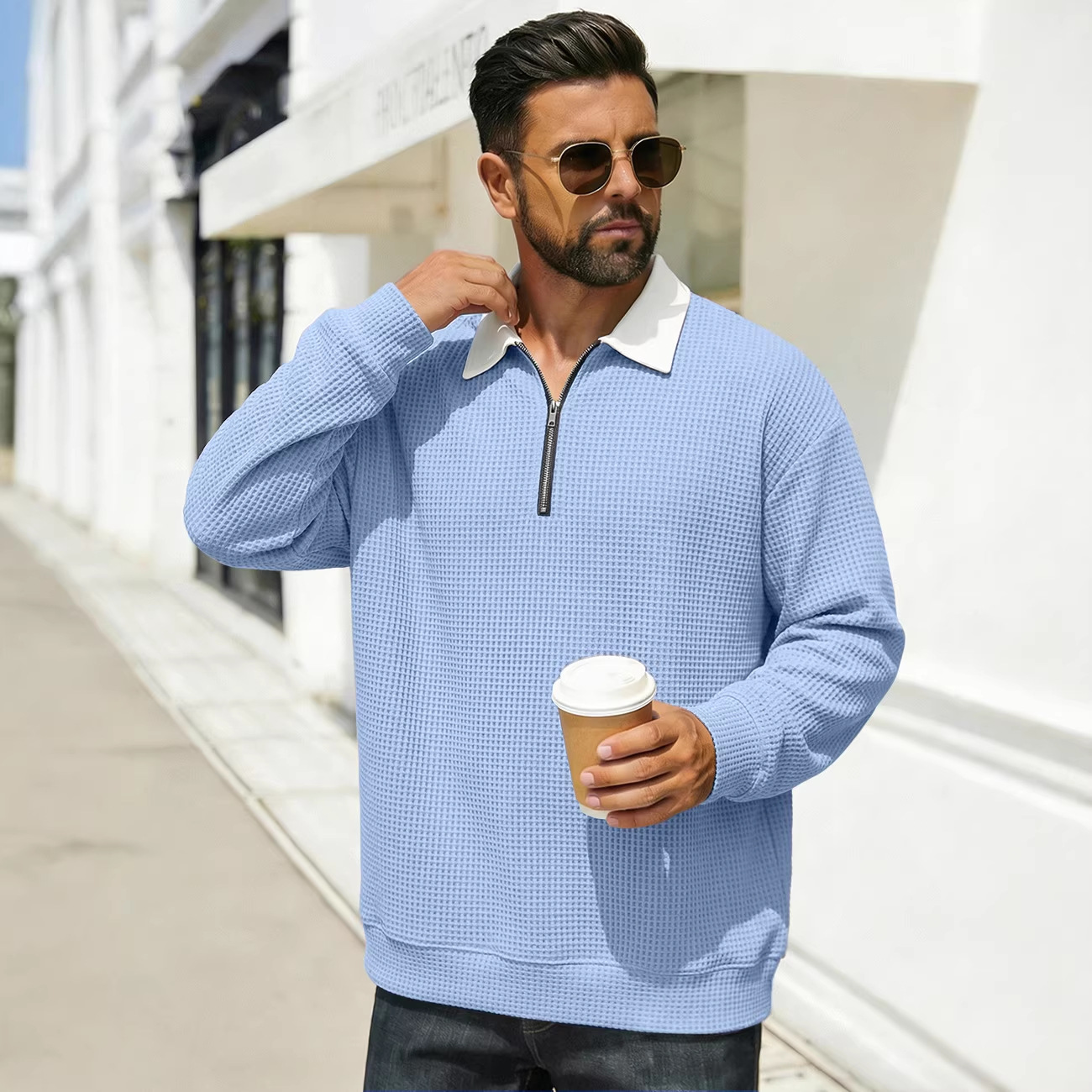 Europa y los Estados Unidos de la nueva primavera de hombres con solapa semiacremallera Waffle color superior americano casual comercio exterior jersey