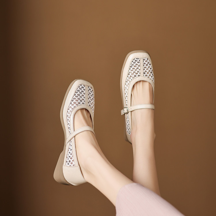 Giày ballet nữ da thật lỗ rỗng phong cách DeTrain phối lưới mùa xuân hè — màu đen, màu trắng ngà chi tiết 71