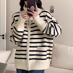 撞色条纹双拉链口袋翻领针织开衫外套女秋冬精仿羊毛长袖宽松毛衣