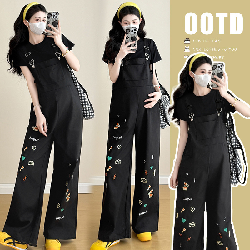 Pregnant Women's Strappy Pants suit Spring and Summer New Fashionable Korean-style Slimming Top Casual Cartoon Graffiti Wide-leg Pants