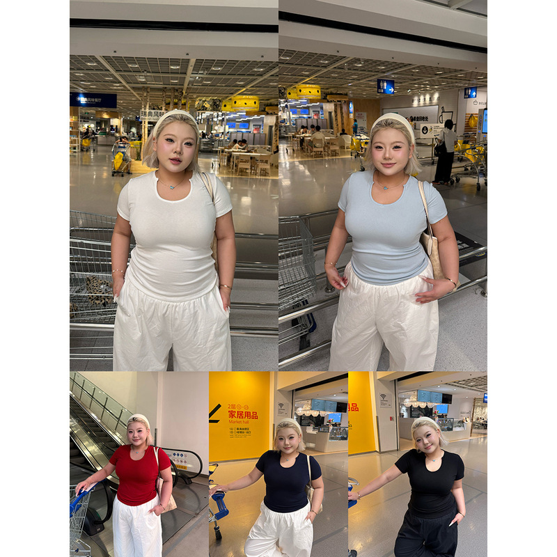 【Waist-Cinching Five-Color T-Shirt】Large Size U-Neck Design T-Shirt, Short-Sleeve T-Shirt, Waist-Cinching, Slim-Fit, Versatile Top for Women 【Waist-Cinching Five-Color T-Shirt】Large Size U-Neck Design T-Shirt, Short-Sleeve T-Shirt, Waist-Cinching, Slim-Fit, Versatile Top for Women