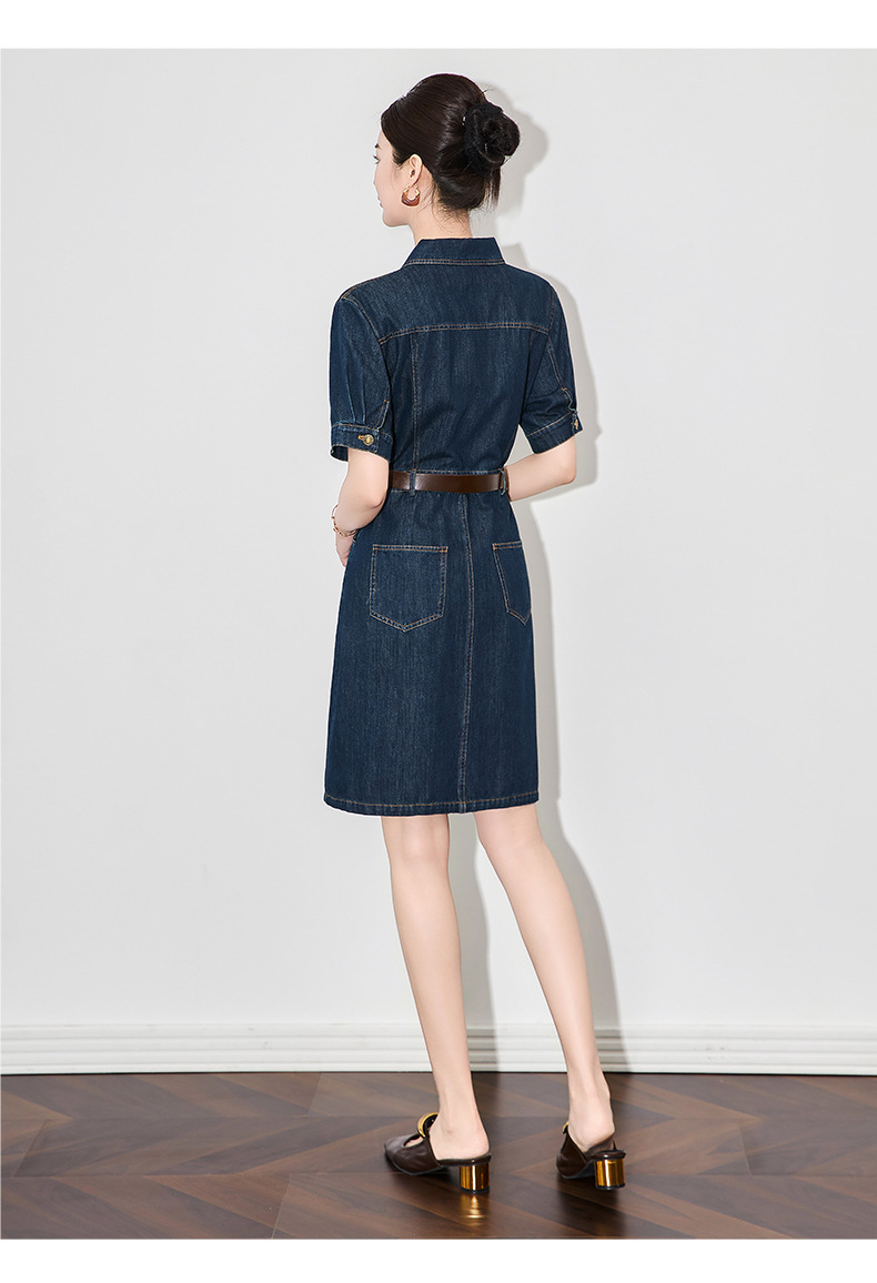 Váy denim nữ cổ ve phong cách Pháp retro Hồng Kông — Màu xanh lam chi tiết 9