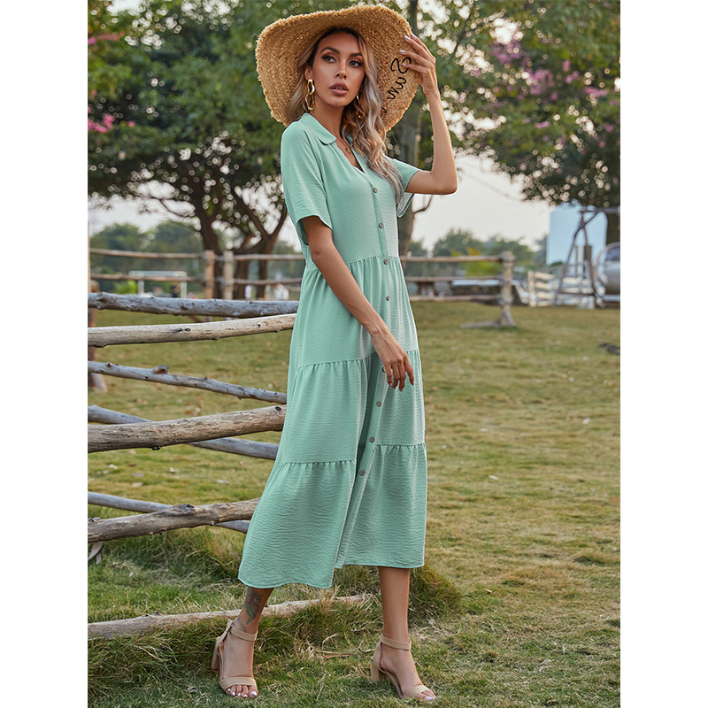 short-sleeved single breasted pure color long shirt dress NSMAN53268