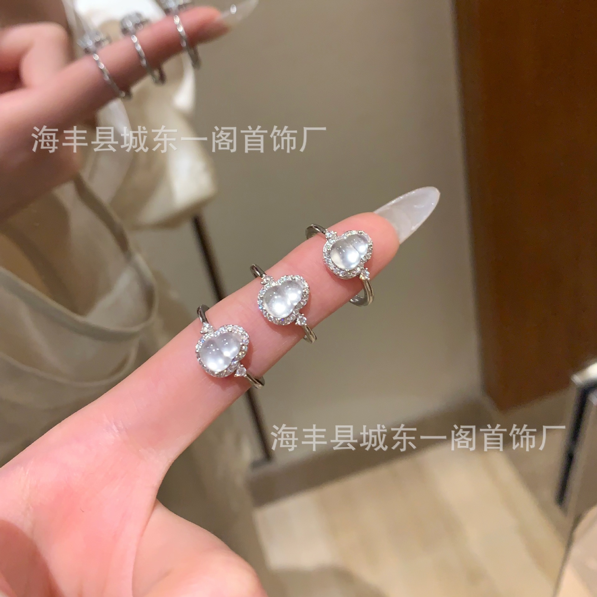 厂家批发小红署货源天然水沫玉葫芦戒指s925银镶嵌小清新简约百搭