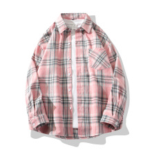 2024新款男士衬衫韩风潮牌时尚粉色长袖情侣款休闲宽松格子衬衣男