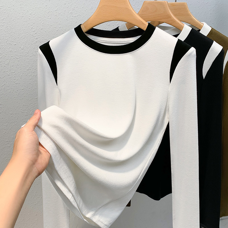 Camisa de fondo de hilo de mujer 2023 nueva ropa de mujer europea contraste color cuello redondo manga larga Camiseta cintura-apretado interior estilo occidental superior