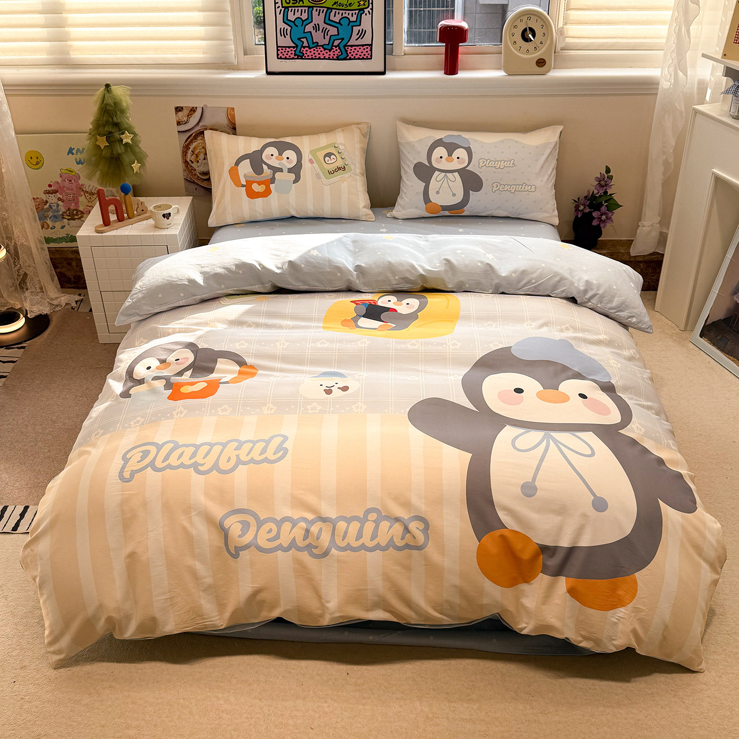 2026 nueva colcha de cama de algodón de dibujos animados de algodón cuatro piezas de sábanas de dormitorio infantil tres piezas de cama de cama de cama