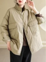 Demi‑season quilted down jacket, oversized cut, solid colors (khaki/black/dark purple)
