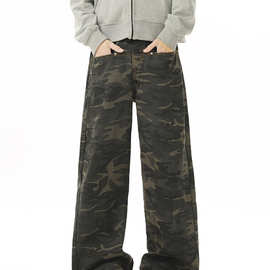 美式运动迷彩工装裤男女新款潮牌街头设计感宽松复古直筒休闲长裤